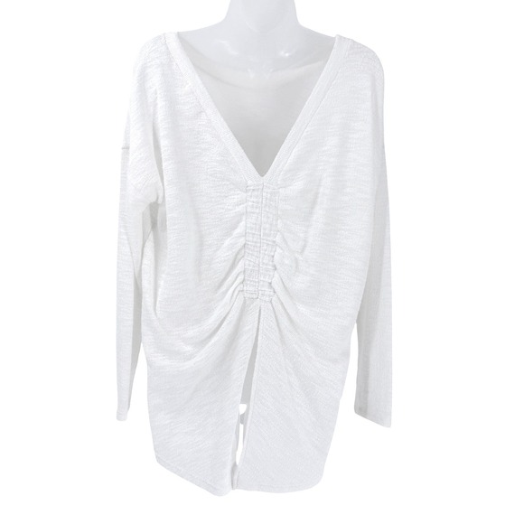 Cherish Ruched V-Back Slit Hem top Womens sz M White Beach Coastal Nautical - Picture 2 of 9